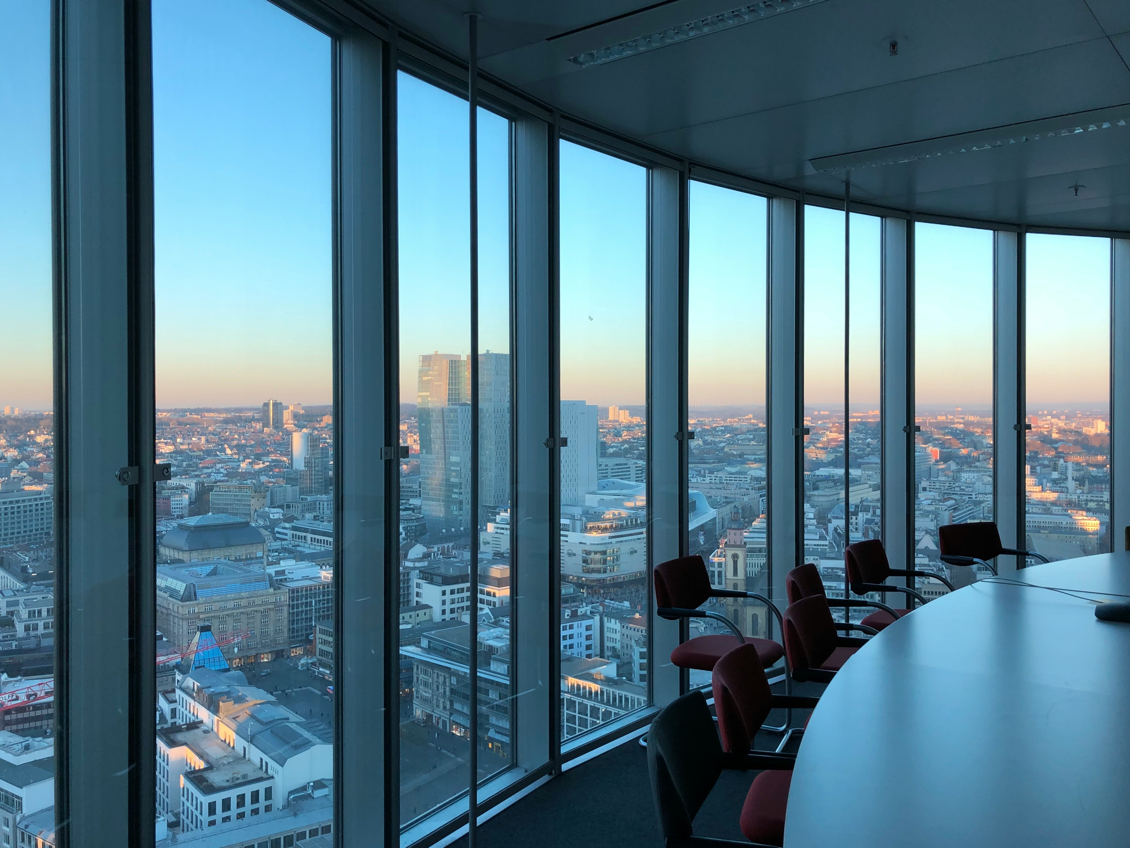 Modern conference room with city skyline view